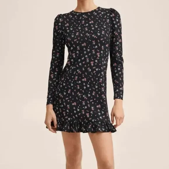 NEW Mango Black Floral Long Sleeve Mini Dress Puff Shoulder Ruffle Hem Size XS - Picture 1 of 12